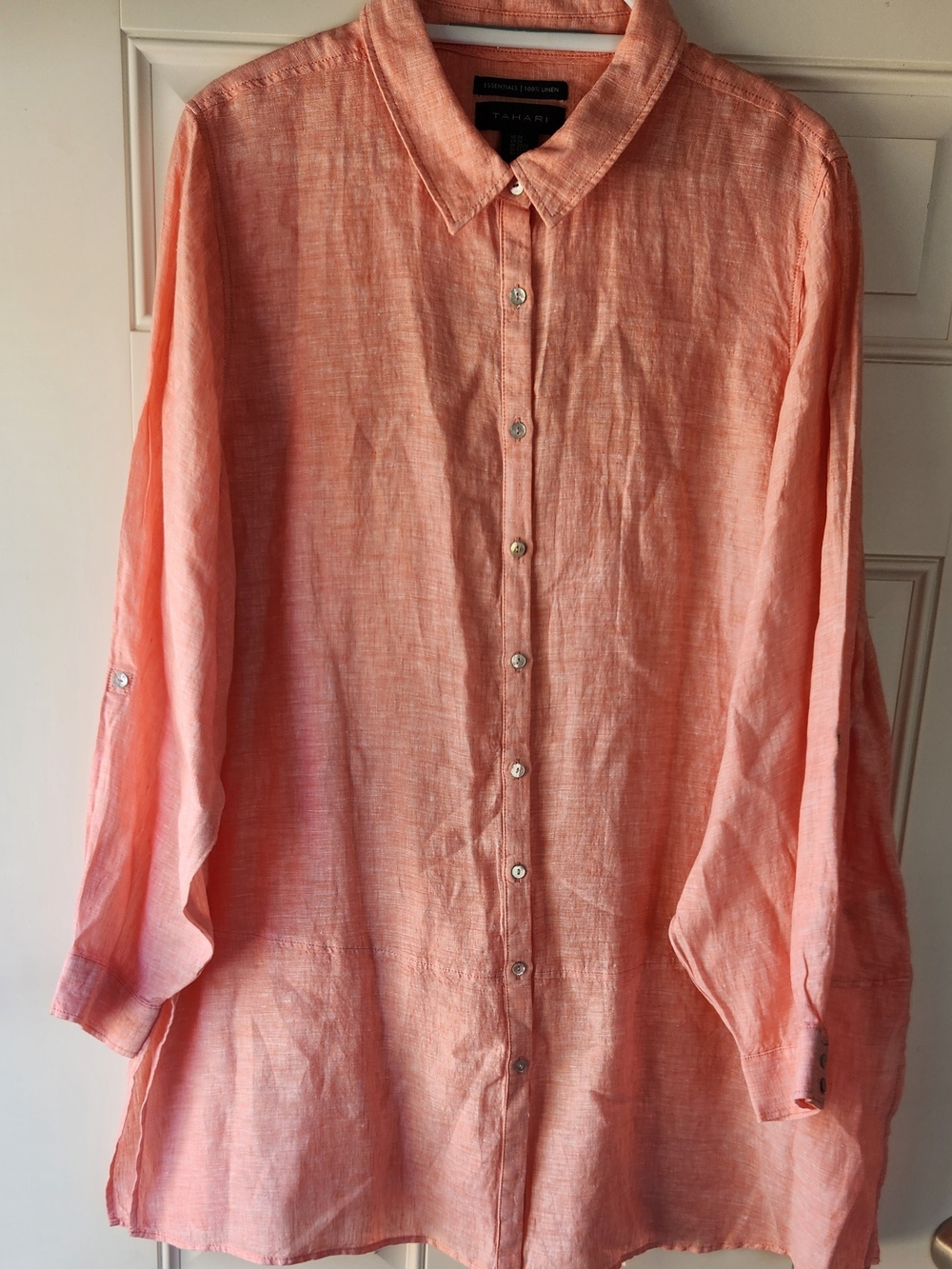TAHARI Coral Peach Linen Button-Down Womens Shirt